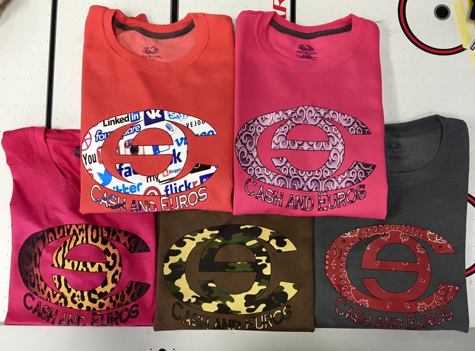 Custom graphic shirt designs in multiple colorways